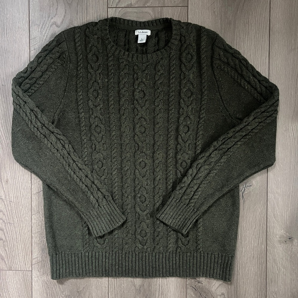 LL Bean Womens Large Dark Olive Green 100% Cotton Cable Knit Crew Neck Sweater
